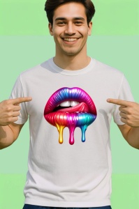 Tricou Buze roz mov cu efect lichid lucios fundal alb Copii | Dama | Barbat - Img 2