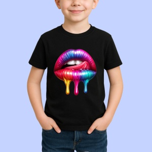 Tricou Buze roz mov cu efect lichid lucios fundal alb Copii | Dama | Barbat, culoare negru - Img 4