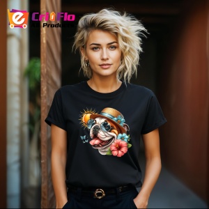 Tricou Caine bulldog englez palarie flori cocktail soare, Copii | Dama | Barbat , tricou negru - Img 8
