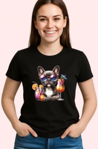 Tricou Caine bulldog francez ochelari cocktail tropical roz, Copii | Dama | Barbat , tricou negru