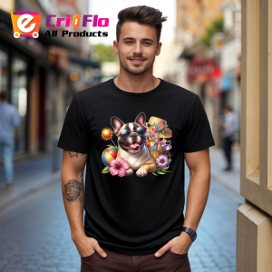 Tricou Caine bulldog francez ochelari plaja flori cocktail, Copii | Dama | Barbat , tricou negru - Img 10