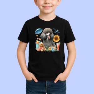 Tricou Caine pudel negru cos picnic cocktail flori, Copii | Dama | Barbat , tricou negru - Img 2