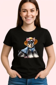 Tricou Caine schnauzer palarie paie camasa albastra vara, Copii | Dama | Barbat , tricou negru - Img 3