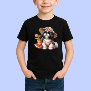 Tricou Caine shih tzu palarie floare cocktail pepene vara, Copii | Dama | Barbat , tricou negru - Img 2