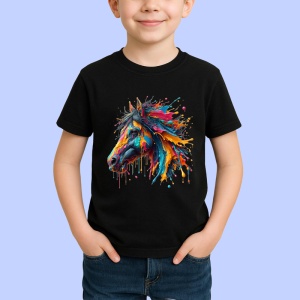 Tricou Cal in miscare cu efecte de vopsea curcubeu Copii | Dama | Barbat, culoare negru - Img 4
