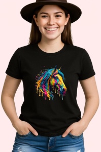Tricou Cap cal multicolor arta vibranta cu efecte de vopsea Copii | Dama | Barbat, culoare negru - Img 3