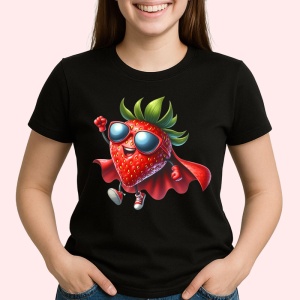 Tricou Capsuna amuzanta de vara super erou, Fructe, Copii | Dama, culoare negru - Img 2