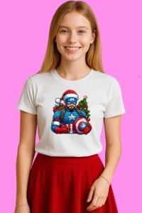 Tricou Captain America Christmas Cu Brad Si Scut, din bumbac 100%, tricou alb, Copii | Dama | Barbat - Img 3
