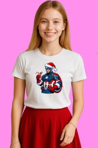 Tricou Captain America Christmas Cu Cana Si Scut, din bumbac 100%, tricou alb, Copii | Dama | Barbat