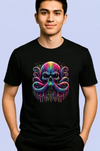 Tricou Caracatita cu craniu stil fantasy si street art combinat Copii | Dama | Barbat, culoare negru - Img 2