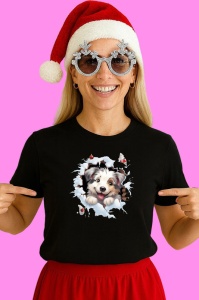 Tricou Catel Cu Fundal Negru Si Zambet Craciun, din bumbac 100% Copii | Dama | Barbat