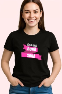 Tricou Cea Mai Buna Soră, Model Roz Text, din bumbac 100%, tricou negru, Dama | Barbat - Img 2