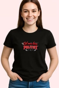 Tricou Cel Mai Bun Politist Font Rosu V2, din bumbac 100%, tricou negru Dama | Barbat - Img 2