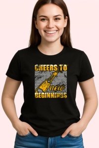 Tricou Cheers To New Beginnings Sticla Sampanie, din bumbac 100%, tricou negru Dama | Barbat - Img 2