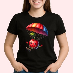 Tricou Cireasa de vara amuzanta cu parasuta, Fructe, Copii | Dama, culoare negru - Img 2