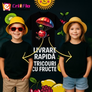 Tricou Cireasa de vara amuzanta cu parasuta, Fructe, Copii | Dama, culoare negru - Img 6