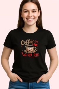 Tricou Coffee Valentine Ceasca Cafea Cu Inimi, din bumbac 100%, tricou negru Dama | Barbat - Img 2
