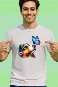 Tricou Collie australian cu fluture mov si roz pe nas design pastelat Copii | Dama | Barbat Barbat - Img 2