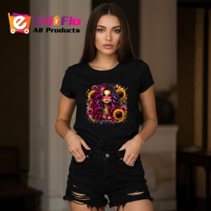 Tricou Colorful hair woman sunflower frame, femeie cu par colorat si floarea soarelui, Copii | Dama | Barbat , tricou negru