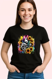 Tricou Colorful skull and girl sunflowers, fata si craniu colorat cu floarea soarelui, Copii | Dama | Barbat , tricou negru