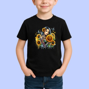 Tricou Confident girl sunflowers and butterflies, fata increzatoare cu flori si fluturi, Copii | Dama | Barbat , tricou negru - Img 2