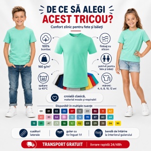 Tricou copii 100% bumbac,pentru fete și băieți 160 gm/², 32 nuanțe, mărimi 4–12 ani - Img 7