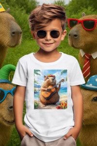 Tricou copii Capybara - Canta la chitara Ukulele pe o plaja in Hawaii - Img 3
