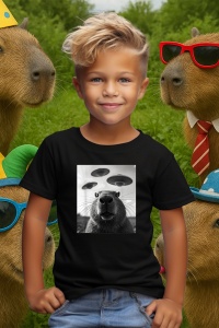 Tricou copii Capybara - selfie UFO alb negru - Img 5