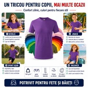 Tricou Copii Clasic Basic Kids, Băiat/Fată, Bumbac 100% Confortabil, 160 g/m², Mărimi 4–12 ani - Img 6