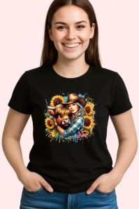 Tricou Cowgirl hugging cow, fata cowgirl imbratisand o vaca, Copii | Dama | Barbat , tricou negru - Img 3