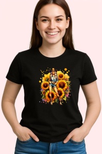 Tricou Cowgirl pose sunflowers background, cowgirl cu fundal floarea soarelui, Copii | Dama | Barbat , tricou negru