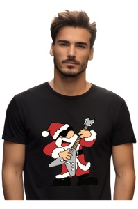 Bărbat purtând un tricou negru cu un design vesel de Crăciun, care îl înfățișează pe Moș Crăciun cântând la o chitară electrică într-o postură energică, cu ochelari de soare și pălăria specifică de Moș Crăciun.