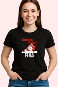 Tricou Craciun Fericit Fina Model Simplu, din bumbac 100%, tricou negru, Dama | Barbat - Img 2