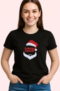 Tricou Craciun Fericit Mos Simplu, din bumbac 100%, tricou negru, Dama | Barbat - Img 3