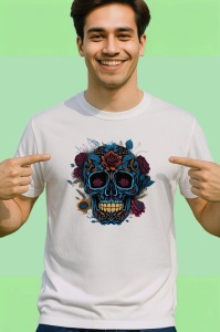 Tricou Craniu albastru cu flori violet si detalii aurii Copii | Dama | Barbat - Img 2