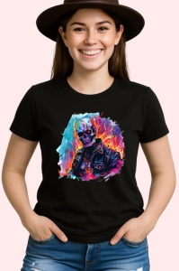 Tricou Craniu biker in flacari fundal alb Copii | Dama | Barbat, culoare negru - Img 3
