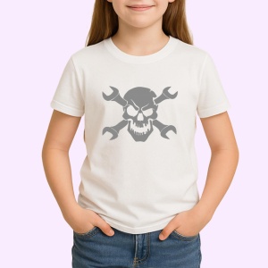 Tricou Craniu Cu Chei Mecanice Incrucisate V2, din bumbac 100% , tricou alb pentru Copii | Dama | Barbat - Img 2