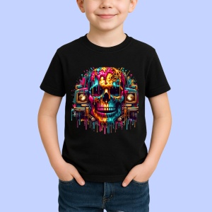 Tricou Craniu cu coroana si casetofoane stil street art colorat Copii | Dama | Barbat, culoare negru - Img 4