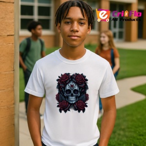 Tricou Craniu cu flori negre si trandafiri fundal alb Copii | Dama | Barbat