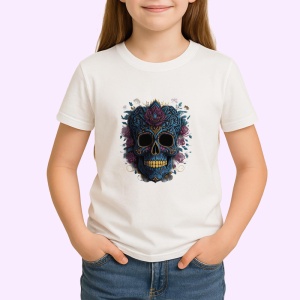 Tricou Craniu cu flori tropicale si bandana fundal alb Copii | Dama | Barbat - Img 3
