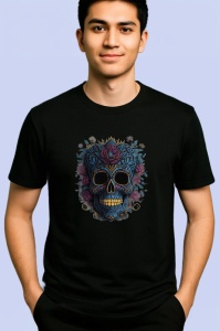 Tricou Craniu cu flori tropicale si bandana fundal alb Copii | Dama | Barbat, culoare negru - Img 2