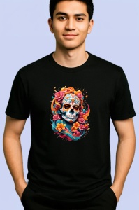 Tricou Craniu decorat cu flori in stil dia de los muertos Copii | Dama | Barbat, culoare negru - Img 2
