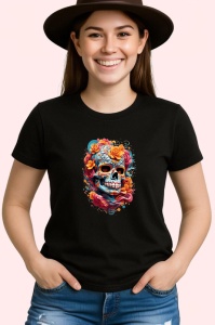 Tricou Craniu dia de los muertos colorat cu flori Copii | Dama | Barbat, culoare negru - Img 3