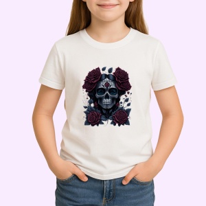 Tricou Craniu floral cu trandafiri rosii stil dia de los muertos Copii | Dama | Barbat - Img 3