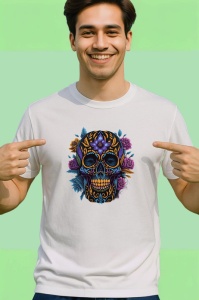 Tricou Craniu negru cu aur si trandafiri violet fundal alb Copii | Dama | Barbat - Img 2