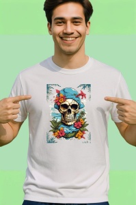 Tricou Craniu pirat cu flori si fundal oceanic Copii | Dama | Barbat - Img 2