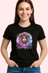 Tricou Curly blonde floral crown girl, fata blonda creata cu coronita florala, Copii | Dama | Barbat , tricou negru - Img 3