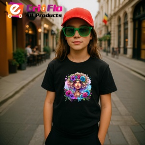 Tricou Curly blonde floral crown girl, fata blonda creata cu coronita florala, Copii | Dama | Barbat , tricou negru - Img 5
