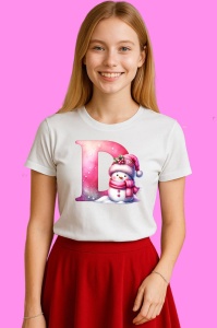 Tricou D Litera Craciun Roz Cu Om De Zapada Fulgi De Zapada, din bumbac 100% Copii | Dama | Barbat