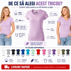 Tricou Damă Bumbac 100%, Croială Cambrată, Guler Rotund, Material Confortabil, 14 Culori, Mărimi S–3XL - Img 2